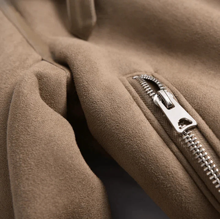 Women's aviator jacket interior showing full sherpa lining and zip front closure