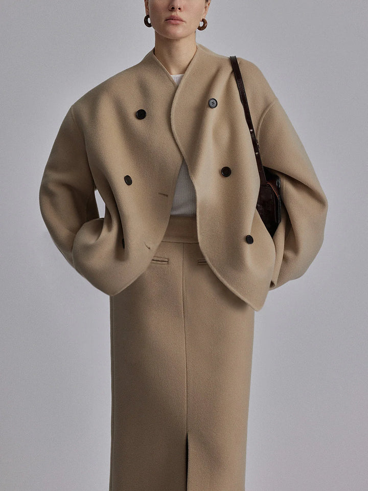 Full-length view of women's double breasted pea coat with relaxed proportions