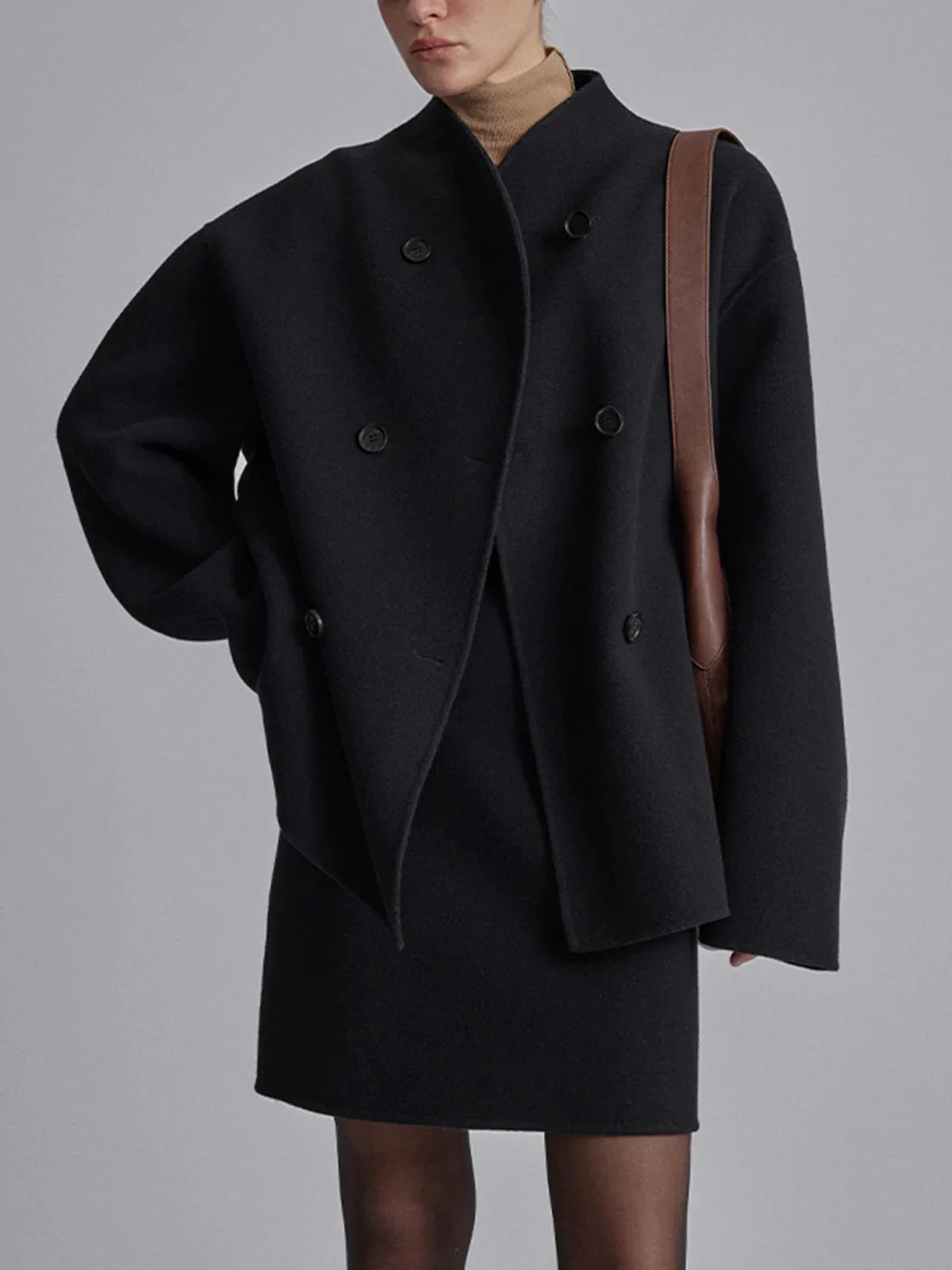 Women's pea coat in khaki paired with casual weekend outfit