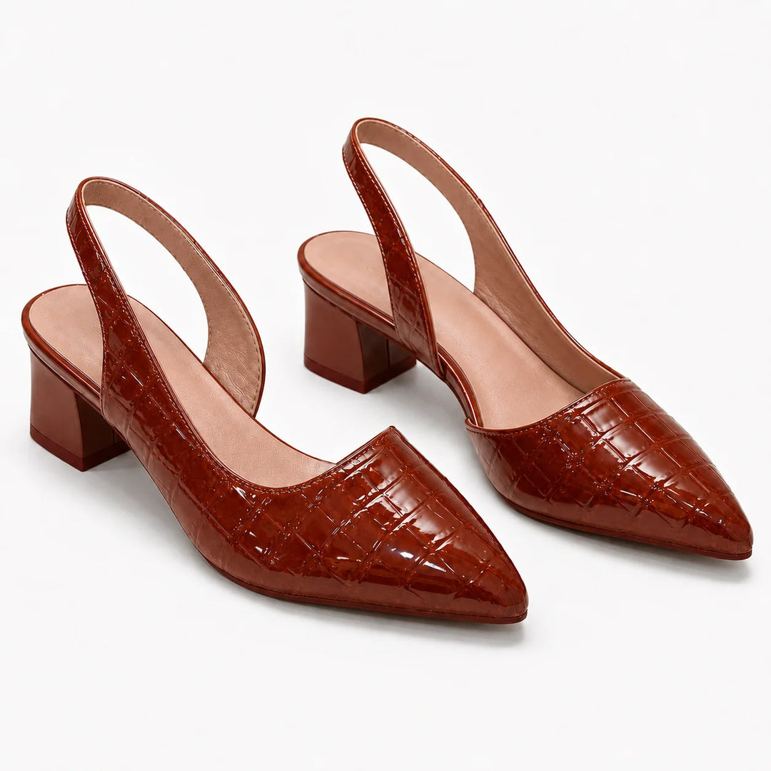 Chestnut brown slingback block heel pumps with crocodile-embossed finish and pointed toe design