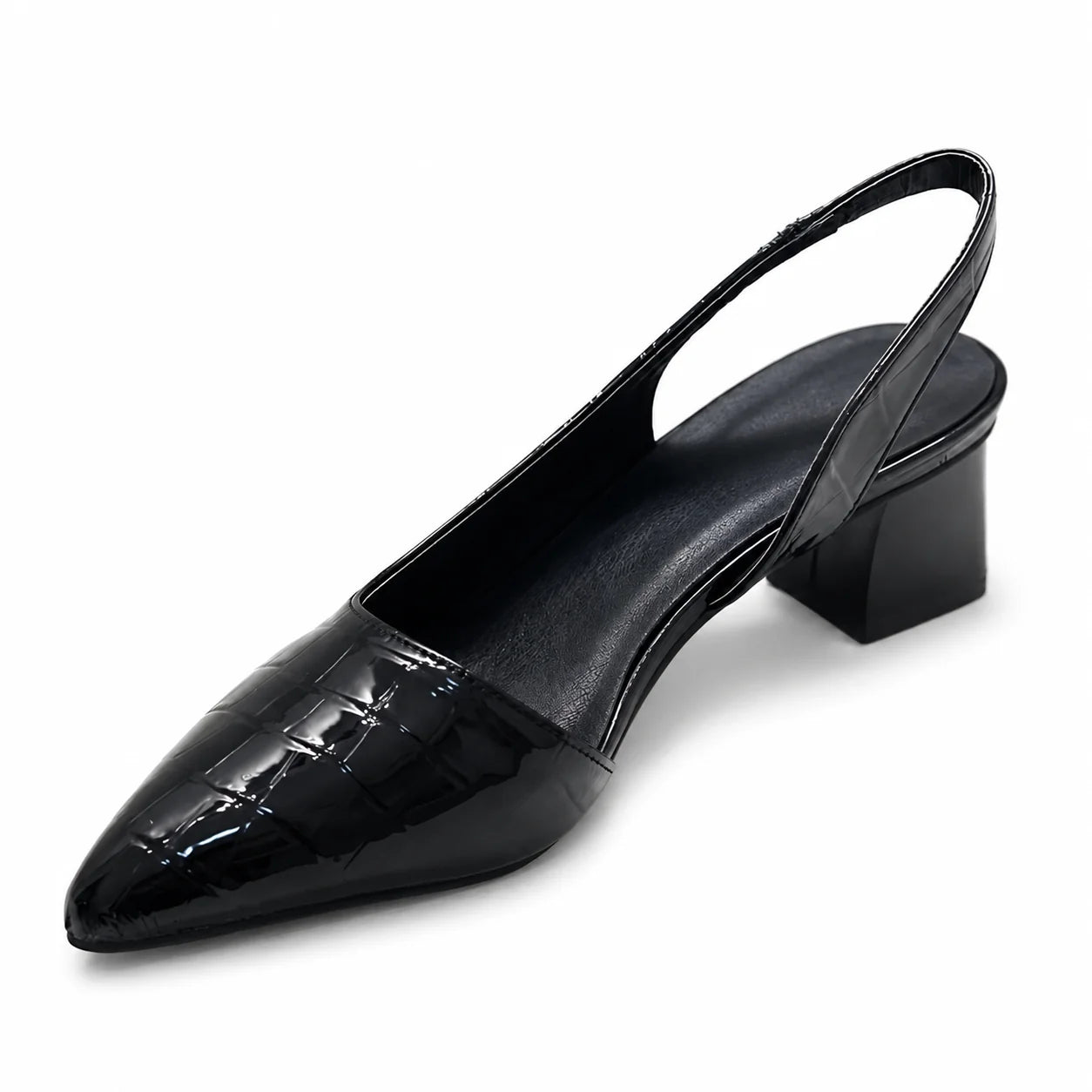 Women's brown slingback pumps from rear angle showing block heel and adjustable elastic strap