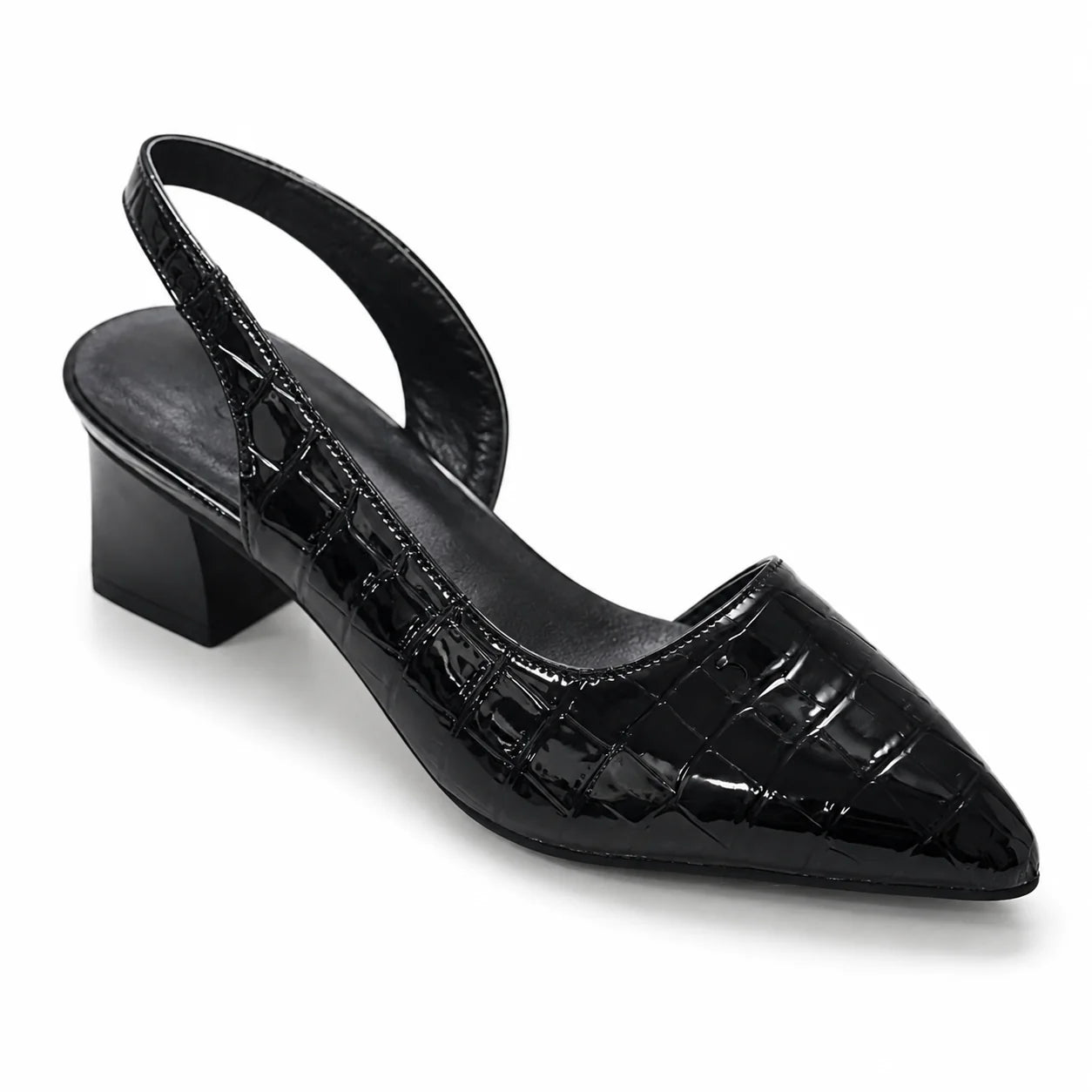Close-up of block heel construction and crocodile-embossed detailing on slingback pumps