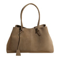 Taupe women's structured tote bag with dual handles and detachable charm on white background