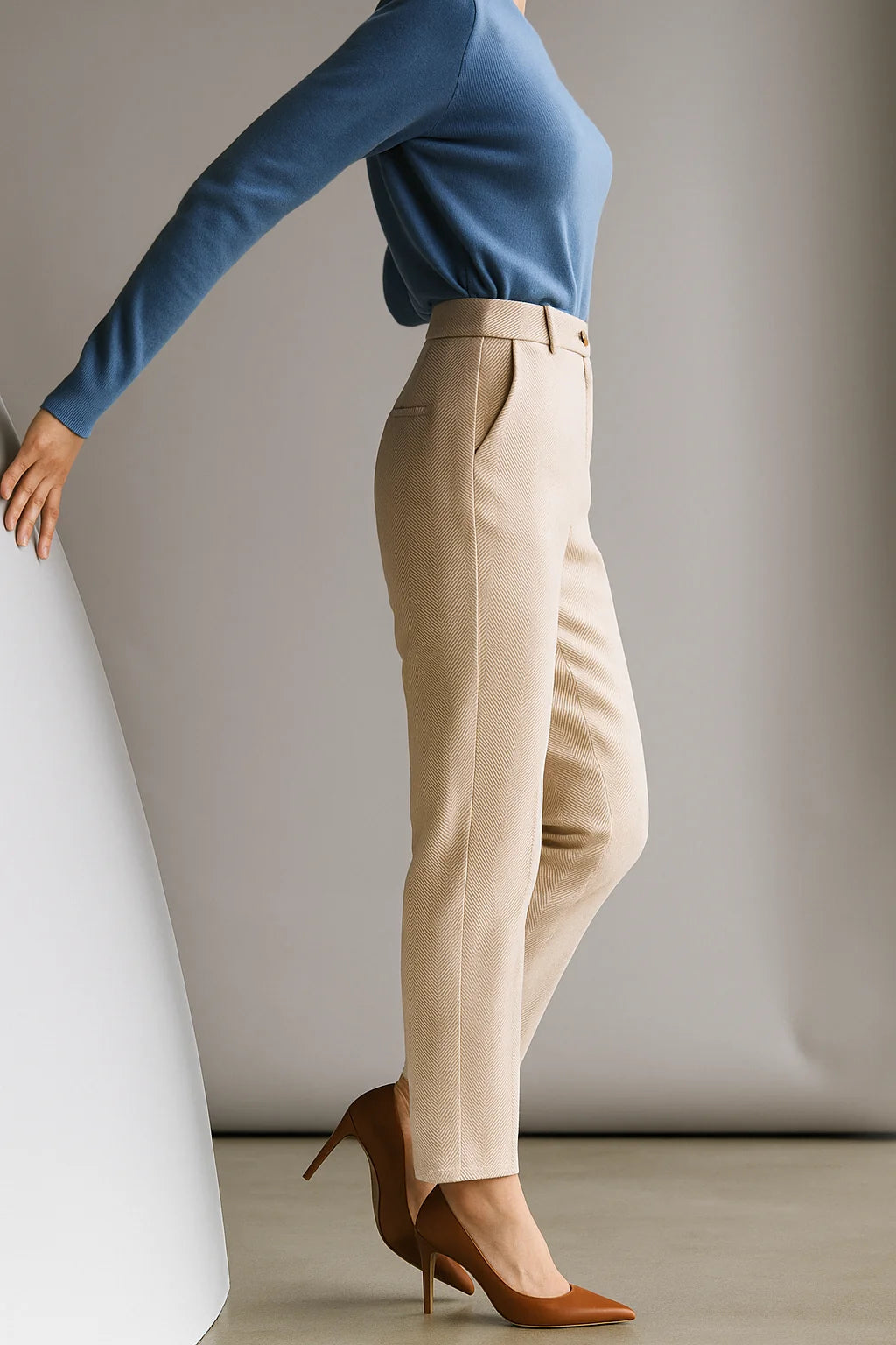 Side view of Women's Tailored Wool Pants displaying slim tapered leg and ankle-length cut