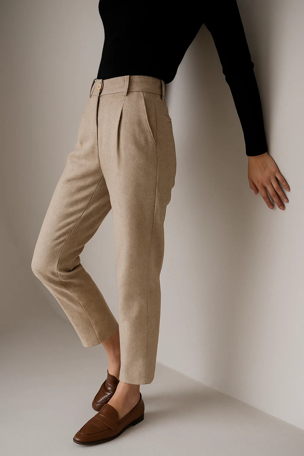Women's Tailored Wool Pants in neutral tone with structured wool-blend fabric drape