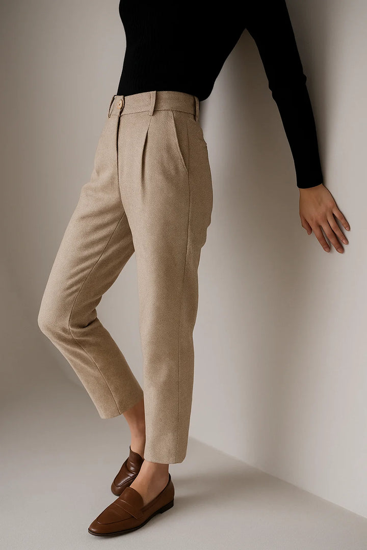 Women's Tailored Wool Pants in neutral tone with structured wool-blend fabric drape