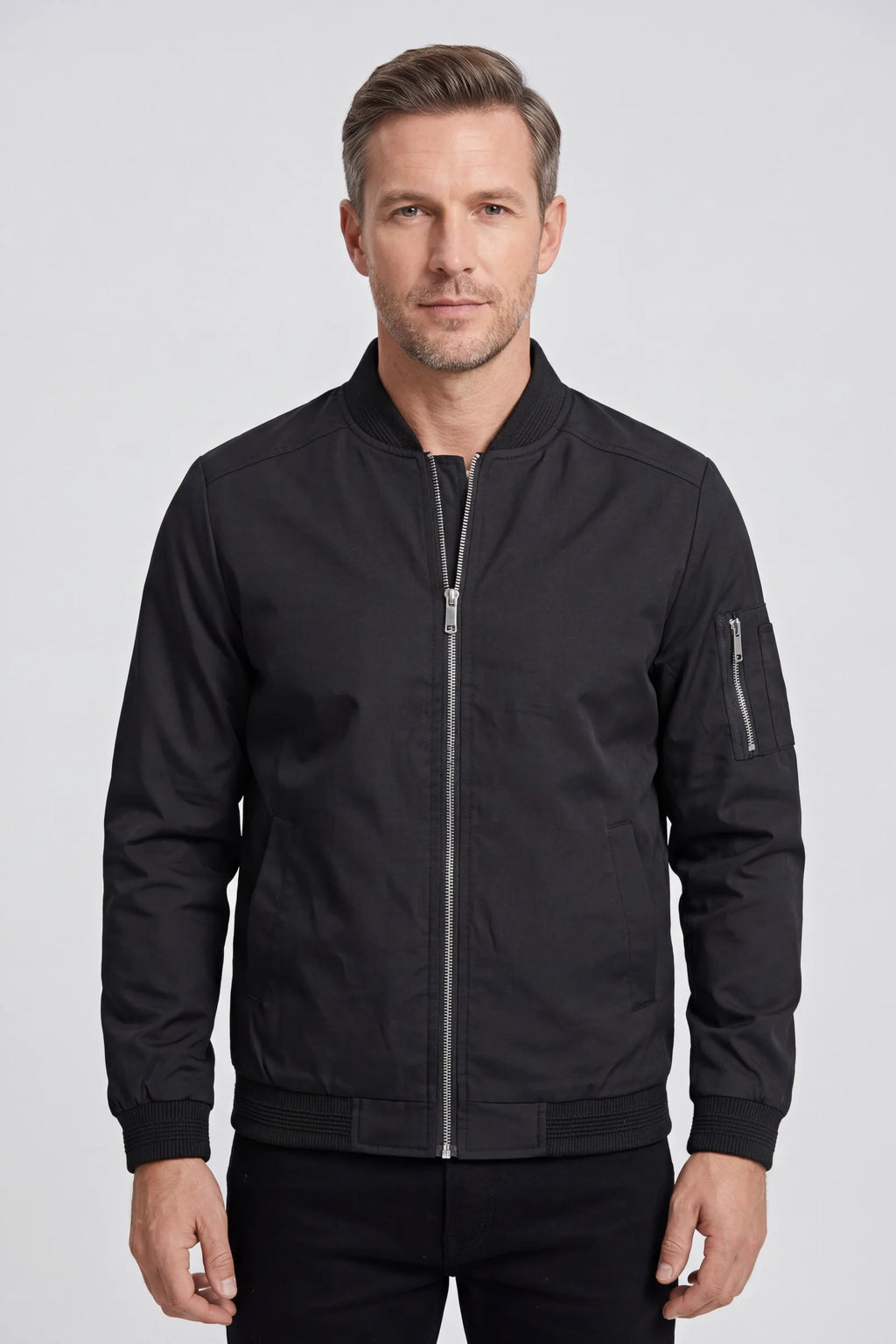 Men's bomber jacket in black with ribbed collar cuffs and hem full zip fastening