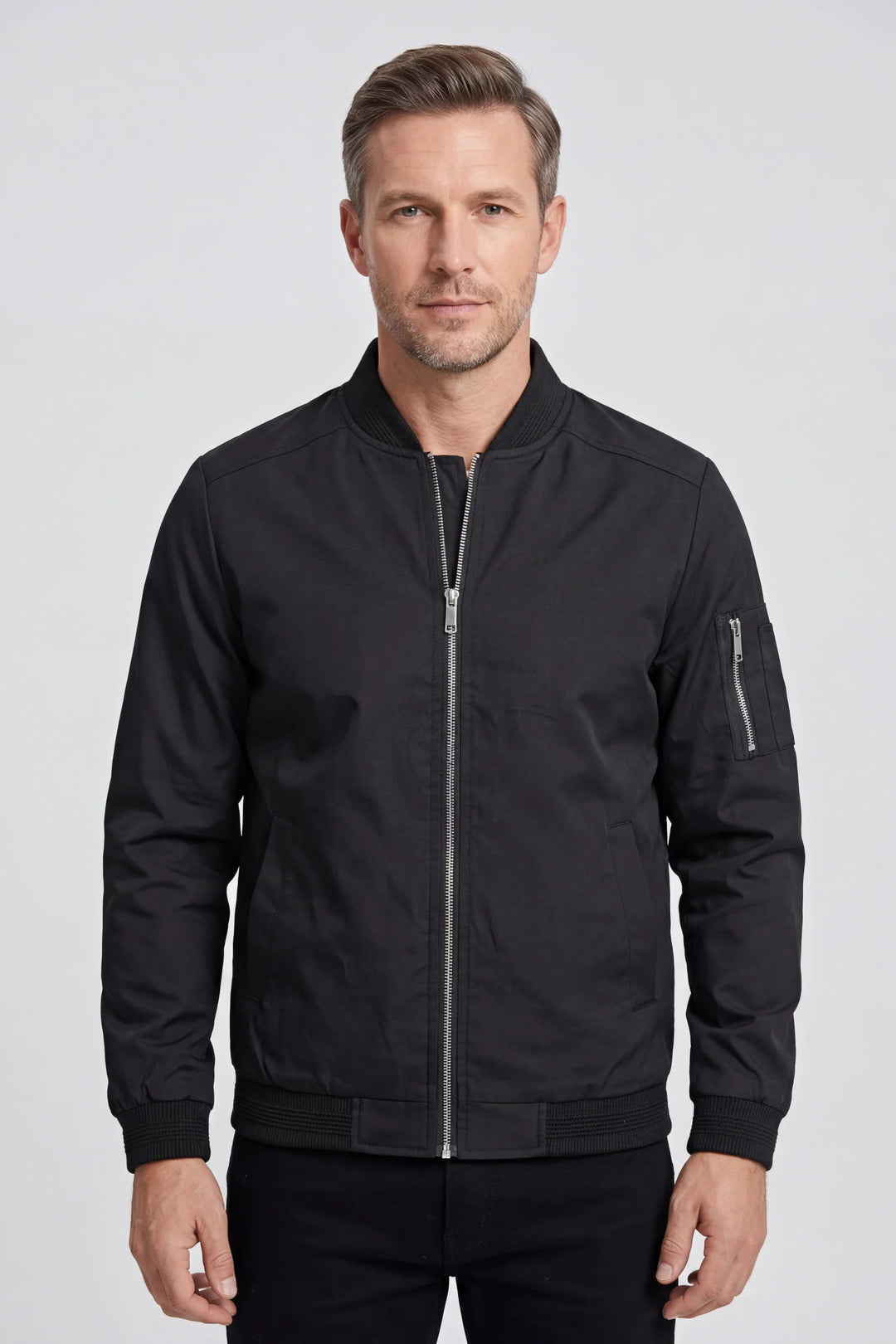 Men's bomber jacket in black with ribbed collar cuffs and hem full zip fastening