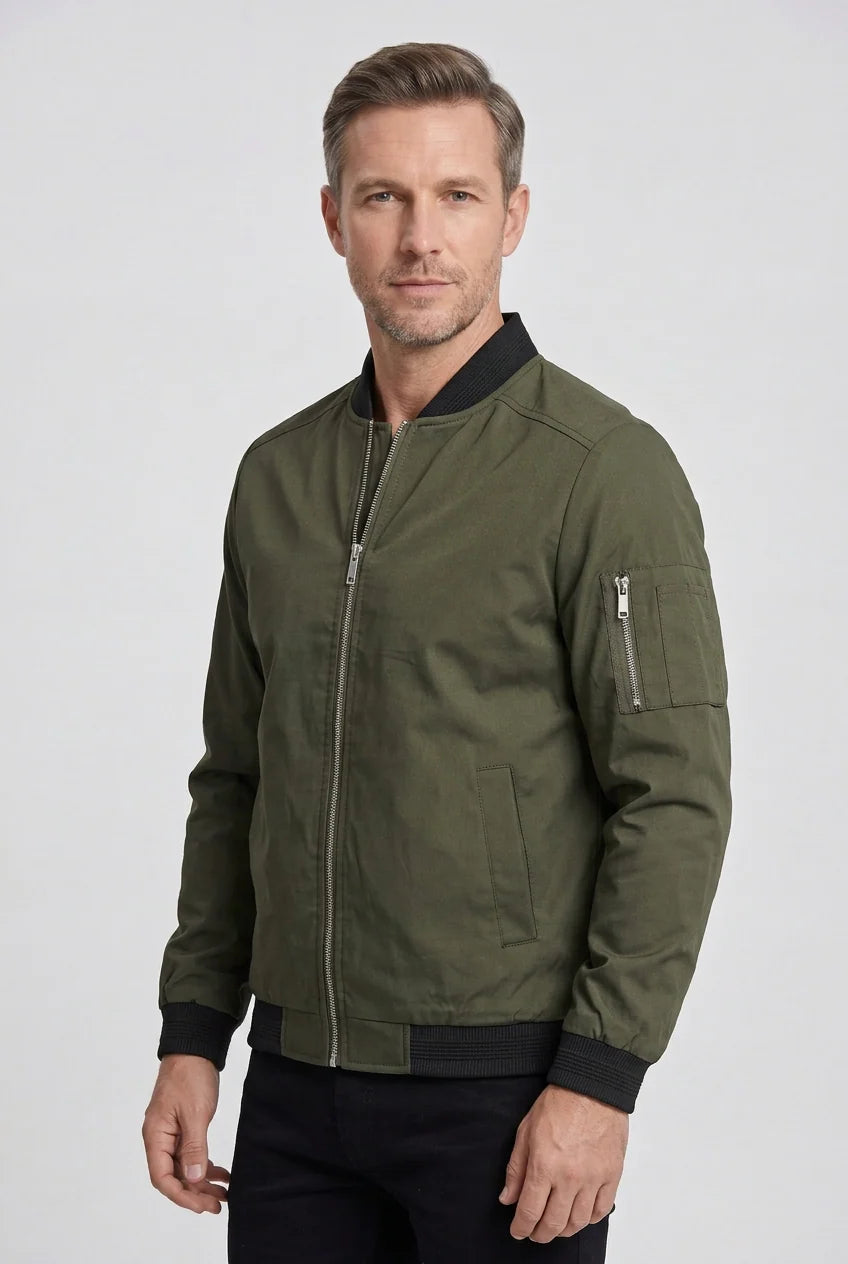 Men's bomber jacket front pockets and zip fastening close-up for practical everyday use