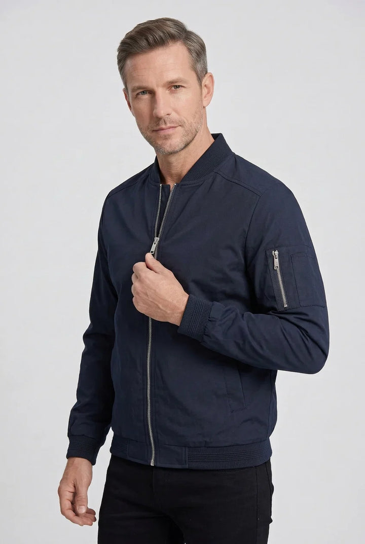 Men's bomber jacket back view showing clean lines and structured silhouette for everyday wear