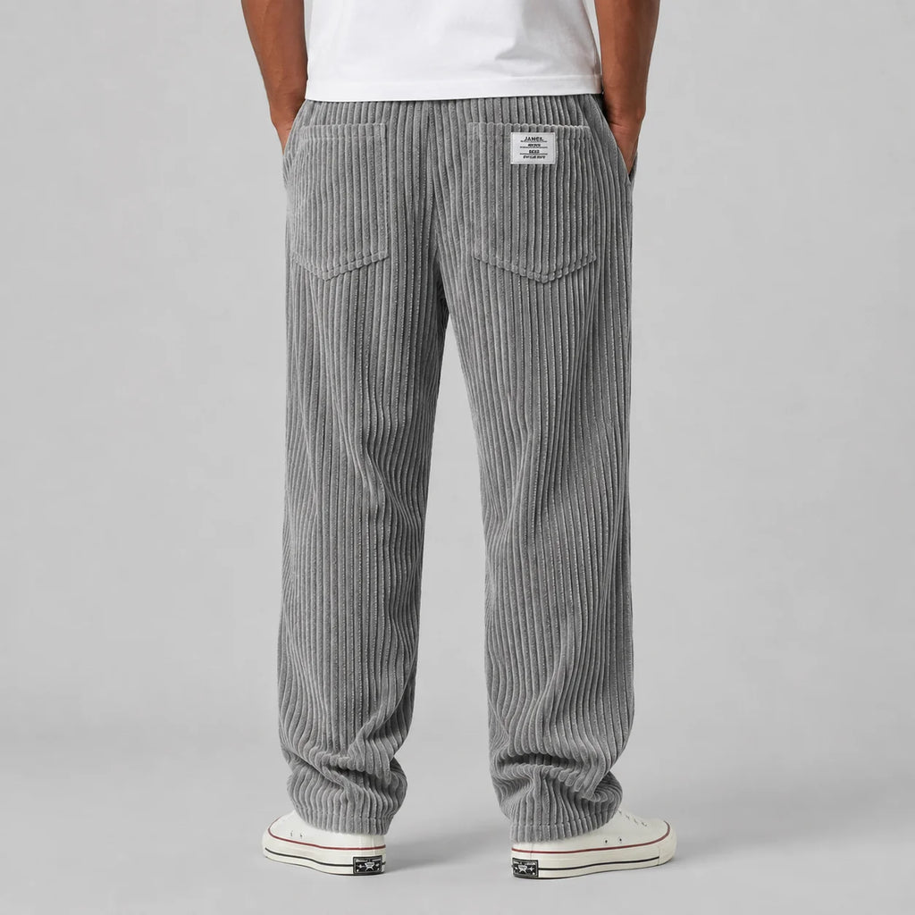 Men's grey corduroy trousers with elastic drawstring waist and side pockets