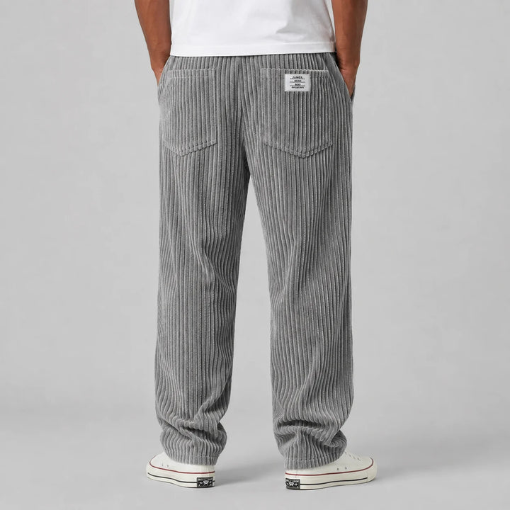 Men's grey corduroy trousers with elastic drawstring waist and side pockets