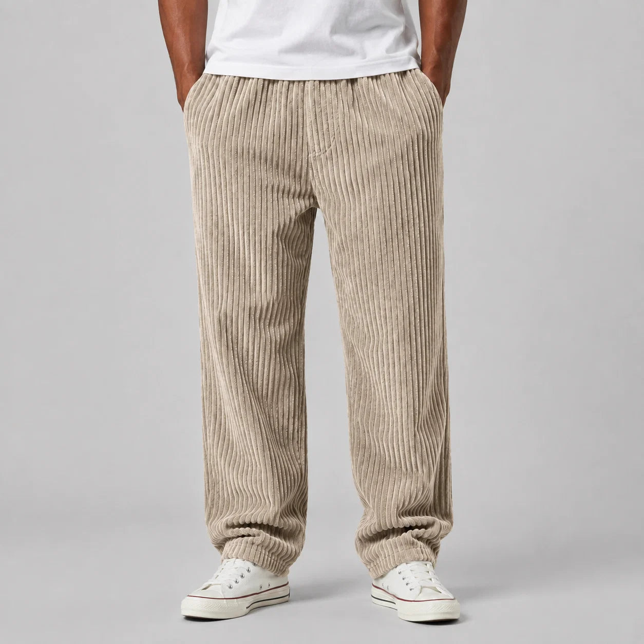 Grey corduroy trousers for men with natural drape and relaxed silhouette