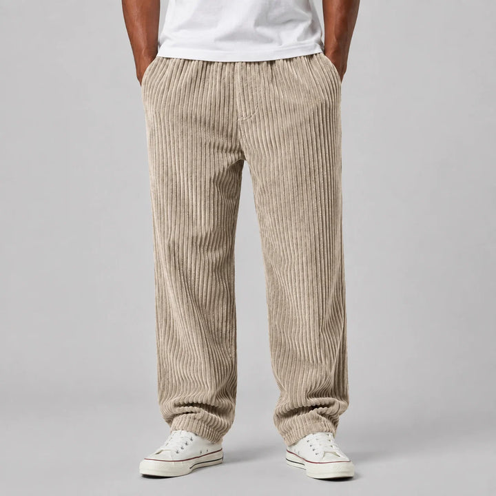 Grey corduroy trousers for men with natural drape and relaxed silhouette