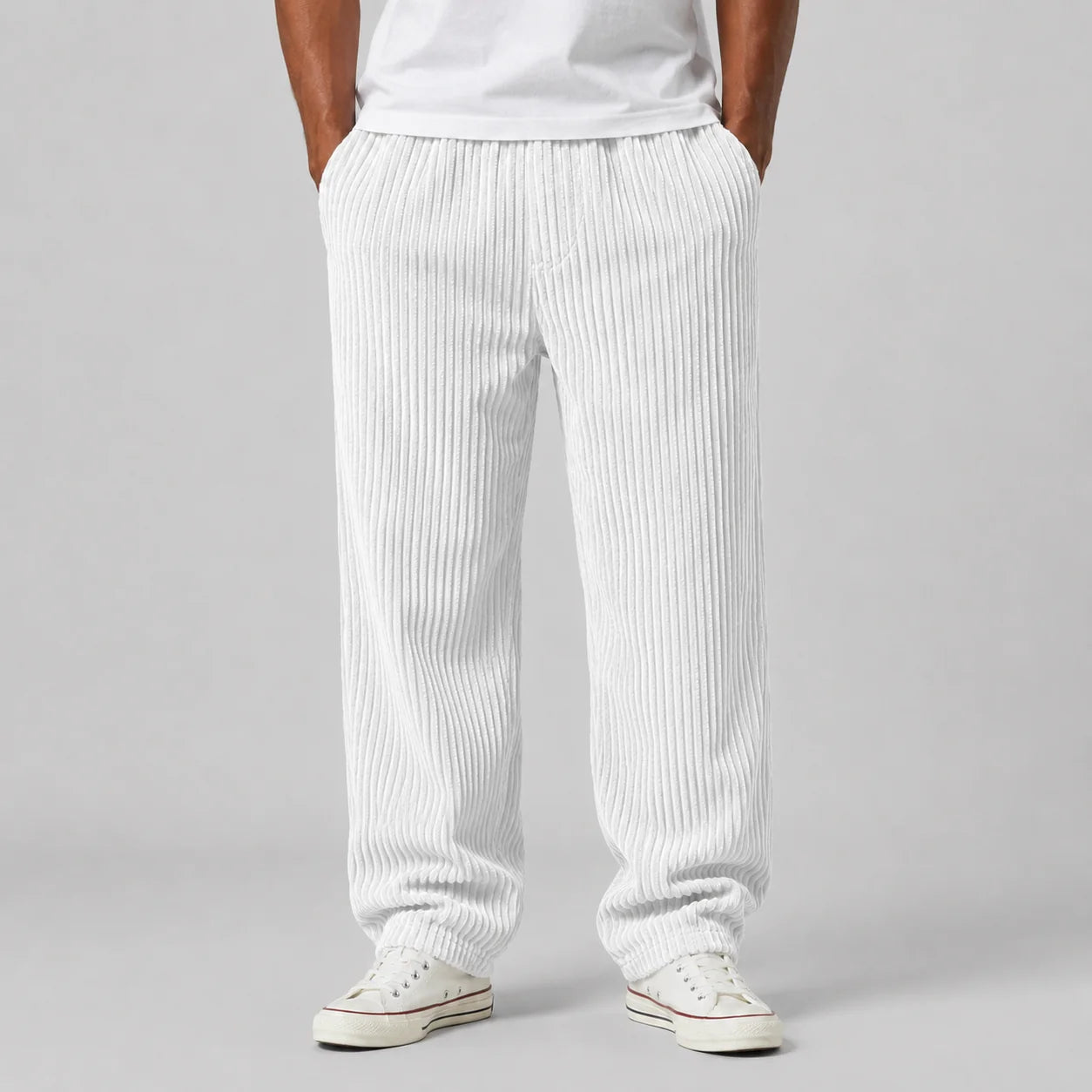 Men's casual corduroy trousers with elastic waistband and adjustable drawstring