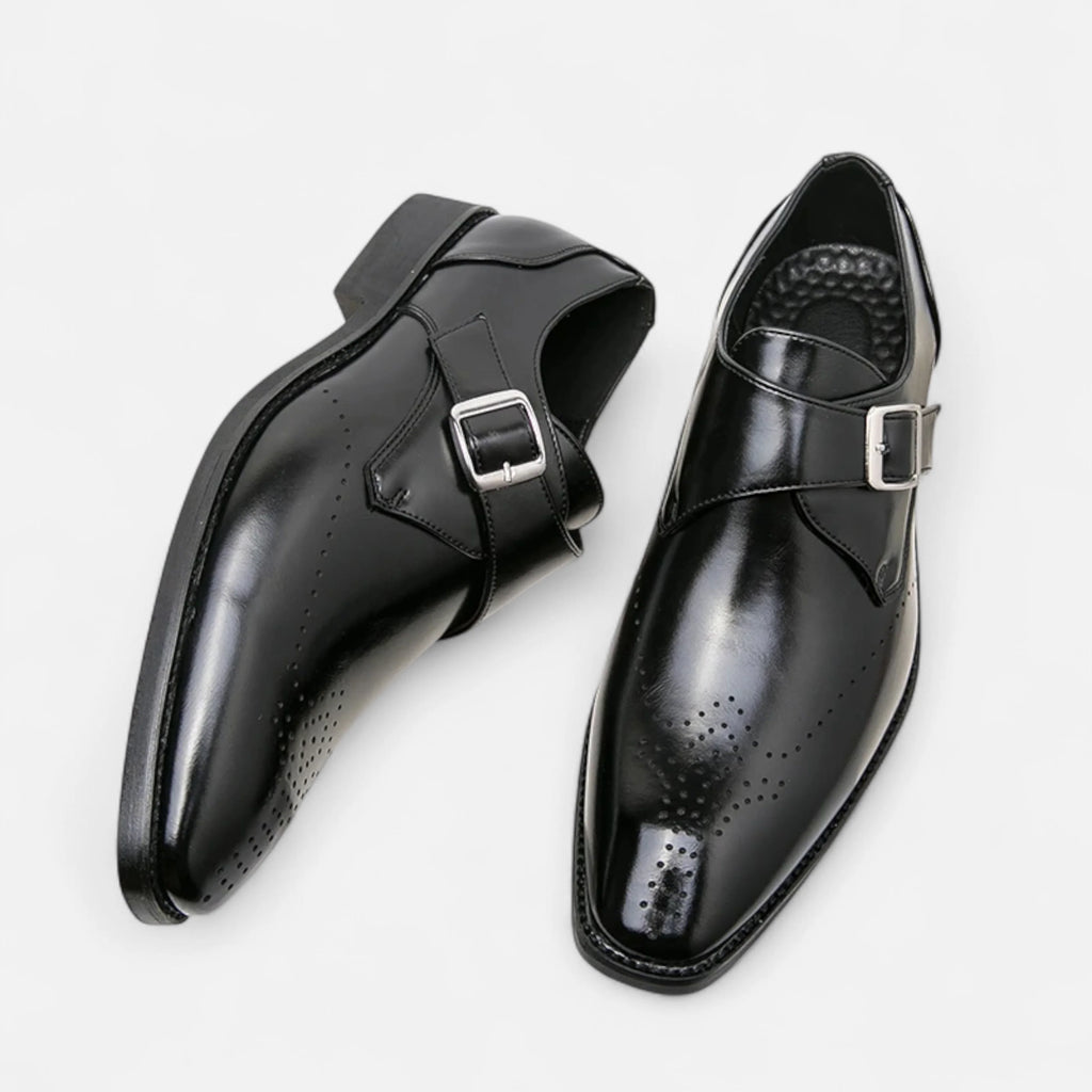Men's monk strap formal shoes in black with buckle fastening and brogue toe detailing