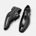 Men's monk strap formal shoes in black with buckle fastening and brogue toe detailing
