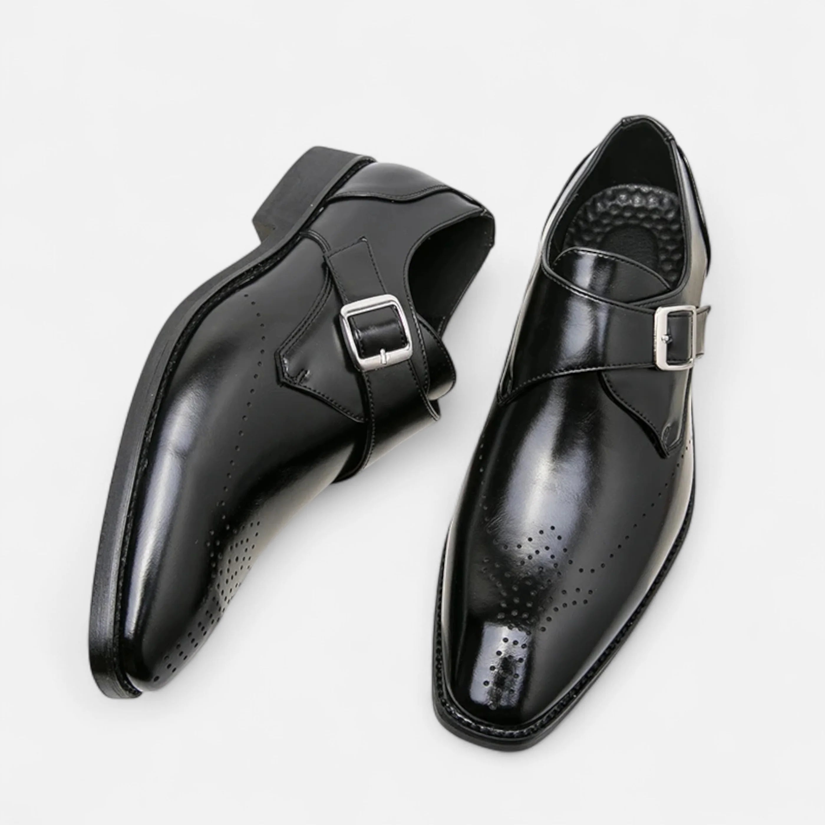 Men's monk strap formal shoes in black with buckle fastening and brogue toe detailing