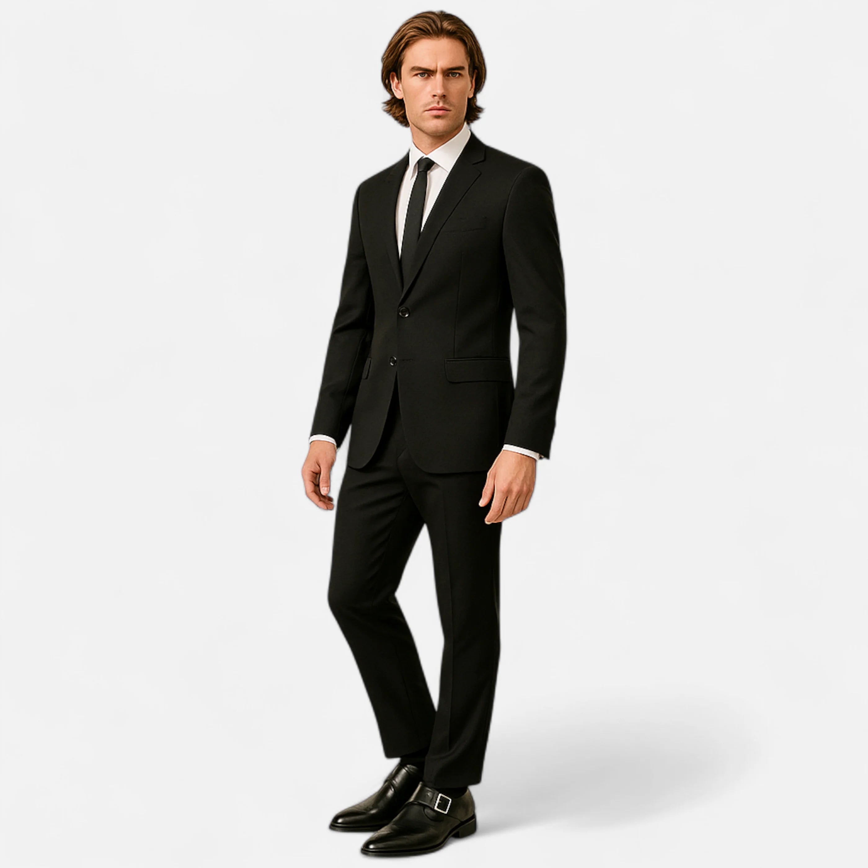 Side profile of men's formal monk strap shoes with single buckle and perforated brogue detail