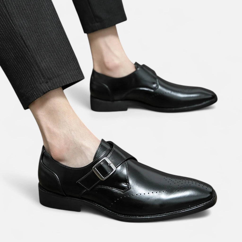 Men's black monk strap shoes with polished finish and low-profile sole