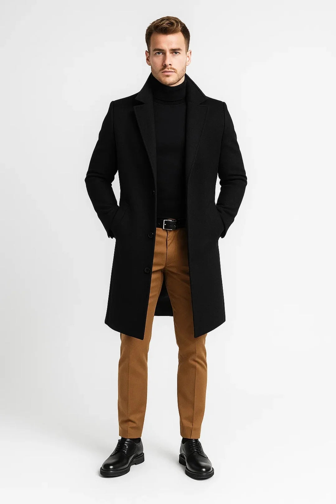 Front view of men's knee-length overcoat showing structured fabric and slim-cut silhouette with three-button closure