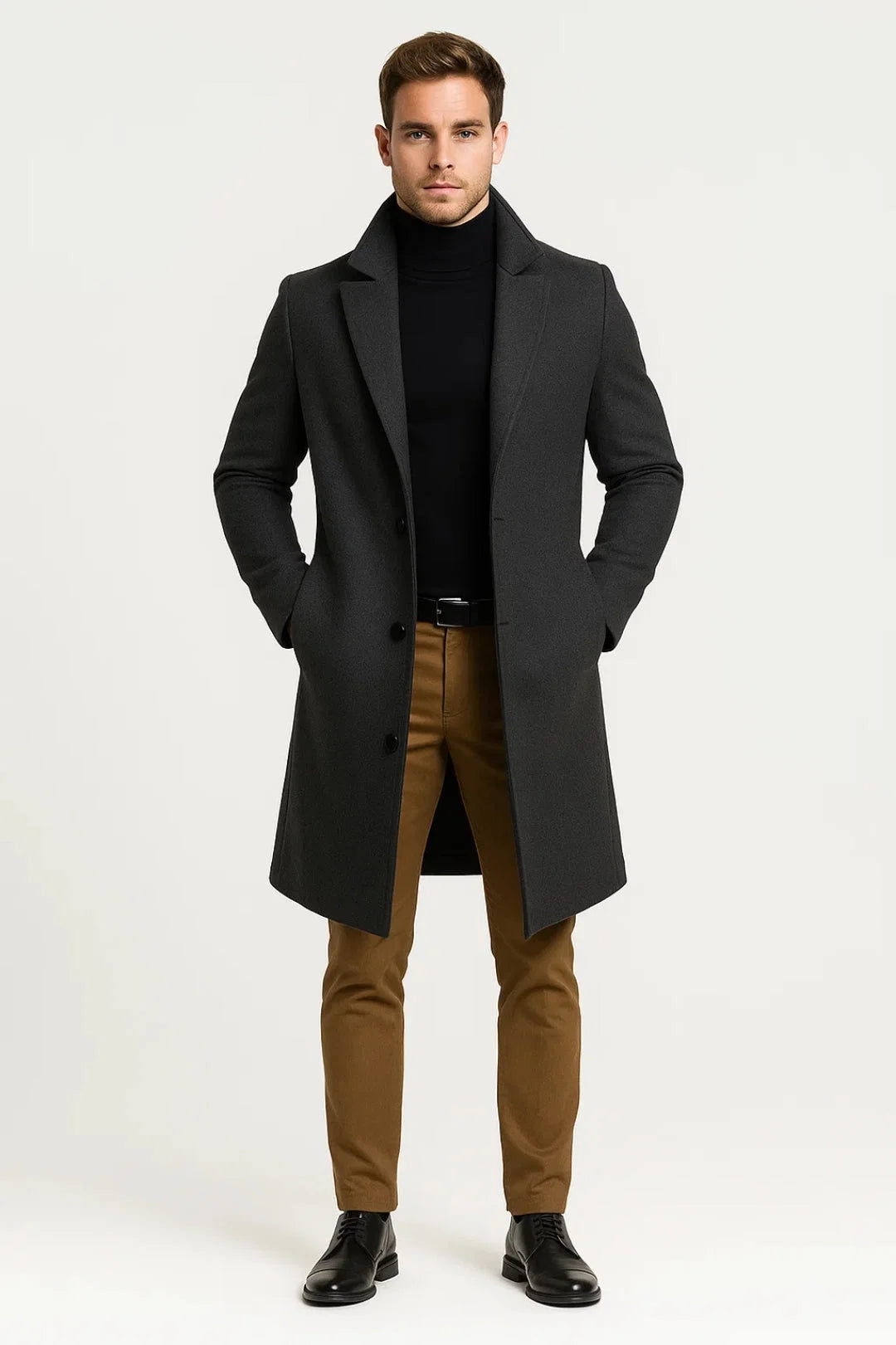 Side angle of men's formal overcoat displaying notched lapels and side pocket detail with refined drape