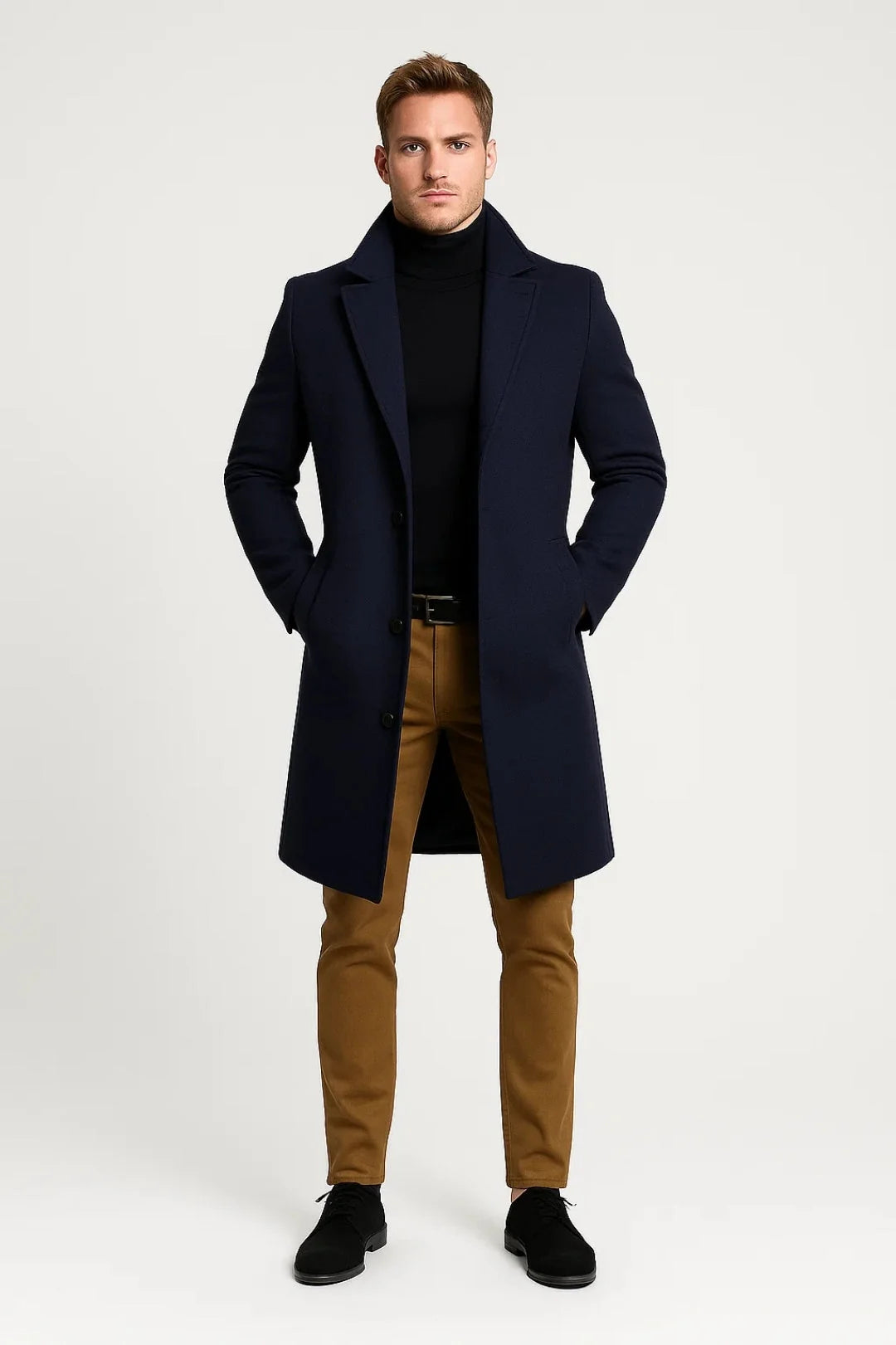 Full-length view of men's tailored overcoat paired with matching trousers and leather Chelsea boots for formal styling