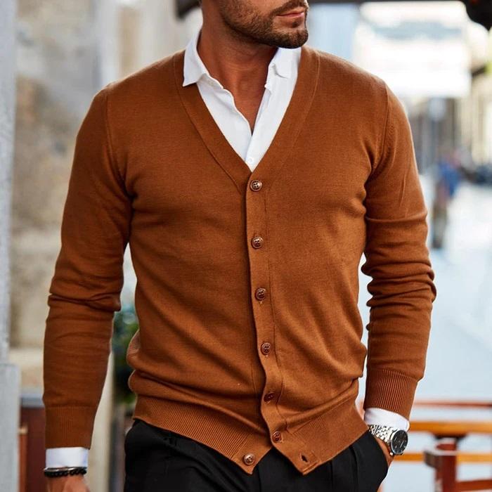 Close-up view of the burgundy men's cardigan showing button-through front and V-neck detail