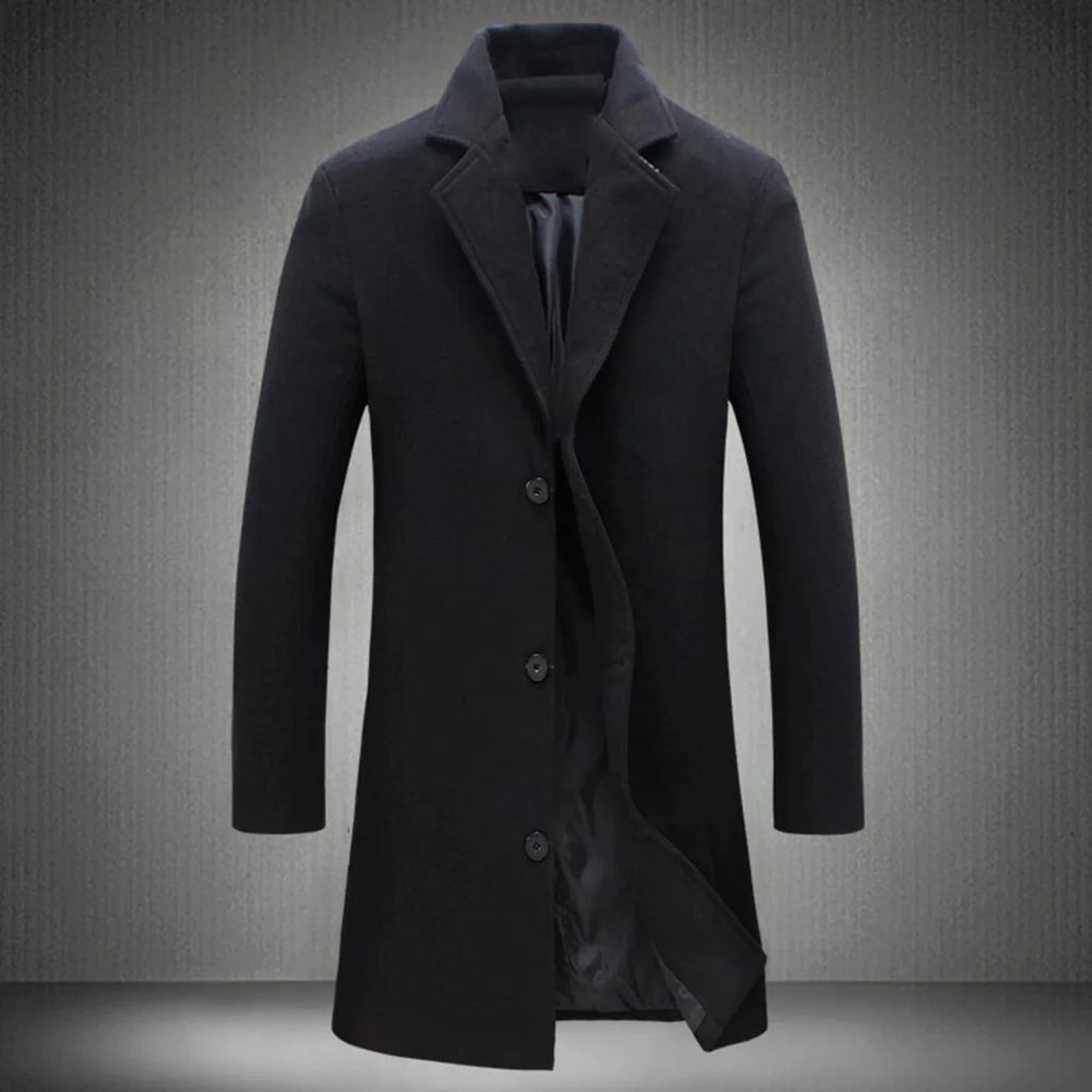 Men's wool overcoat in charcoal with notched collar and button-front closure for winter wear
