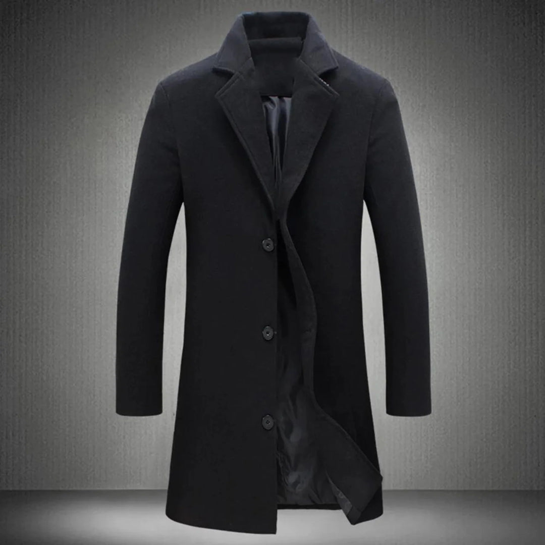 Men's wool overcoat in charcoal with notched collar and button-front closure for winter wear