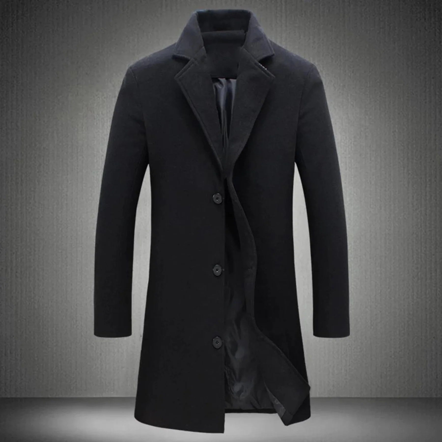 Men's wool overcoat in charcoal with notched collar and button-front closure for winter wear