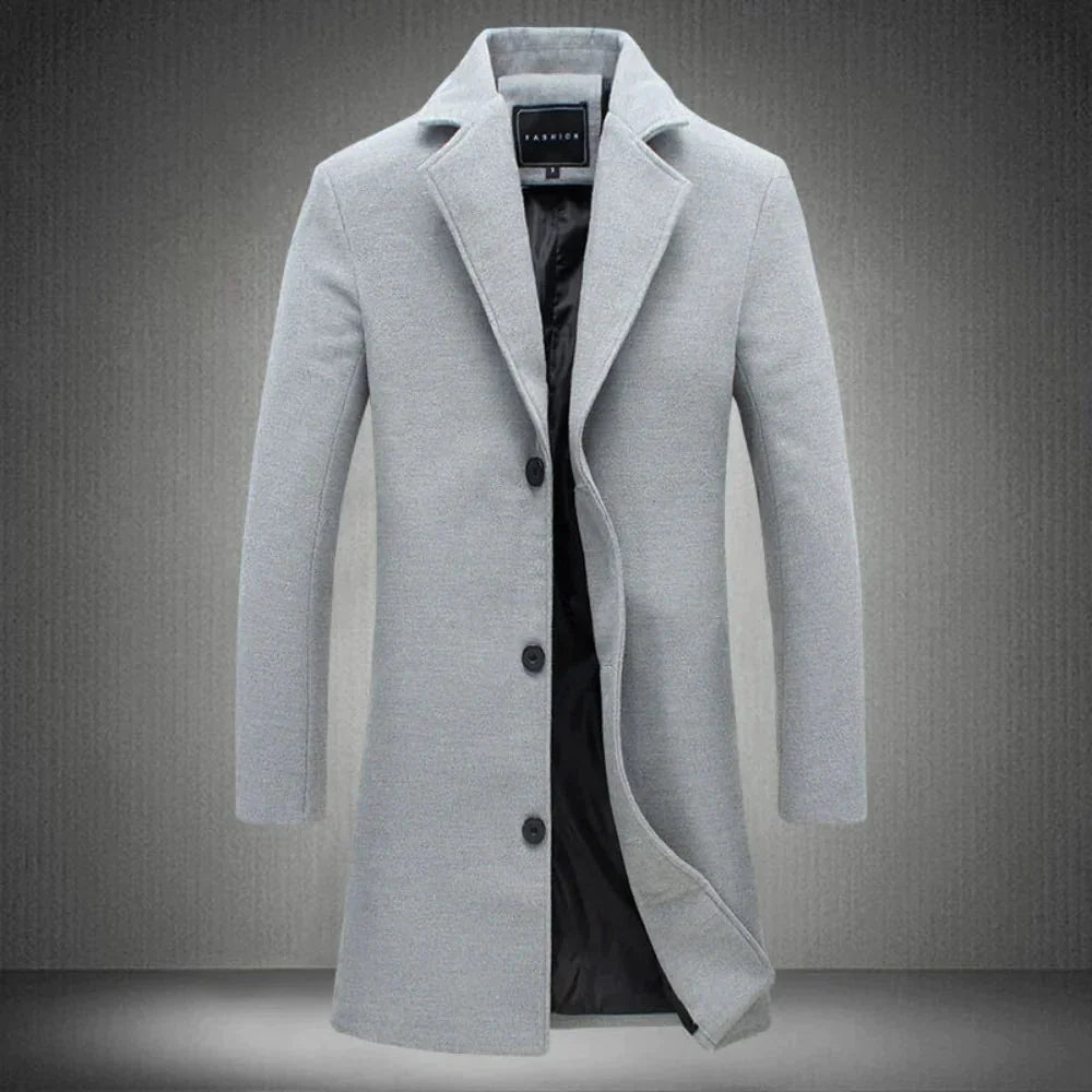 Back view of men's wool overcoat displaying tailored fit and centre vent detail