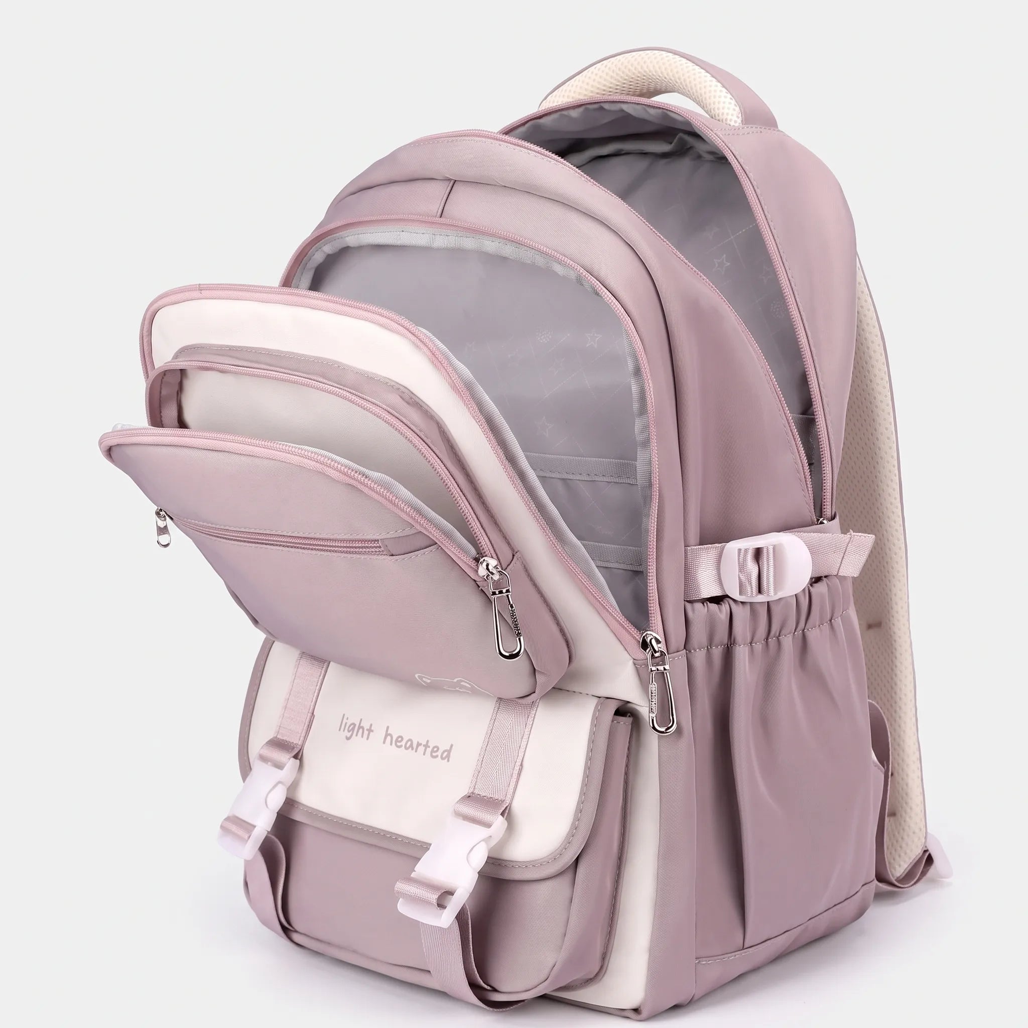 Side profile of school backpack showing padded shoulder straps and structured silhouette with multiple compartments
