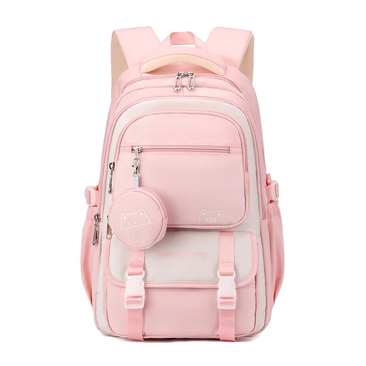 Front view of school backpack highlighting multi-compartment design with cream and lilac colour blocking