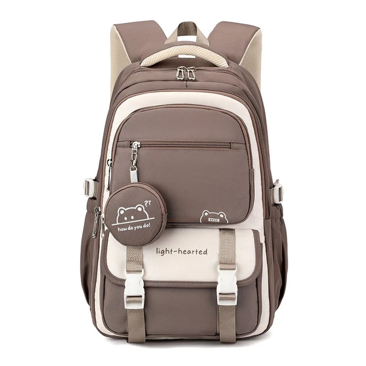 School backpack side angle showing depth of main compartment and adjustable strap hardware