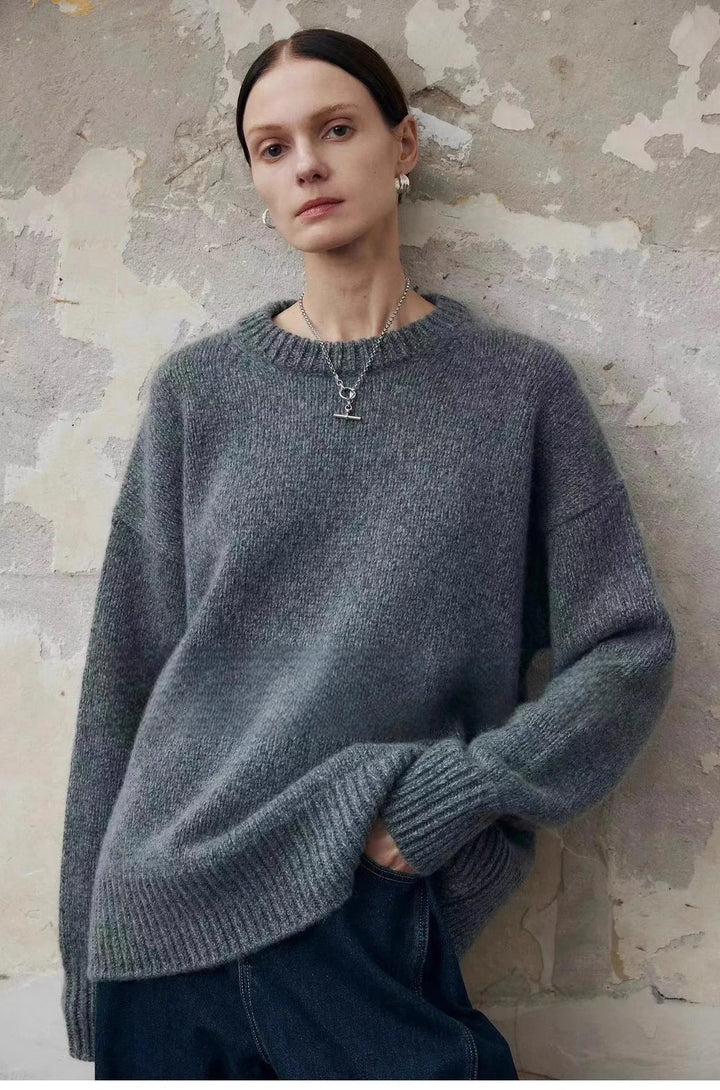 Close-up of ribbed neckline and shoulder seam on cashmere knit