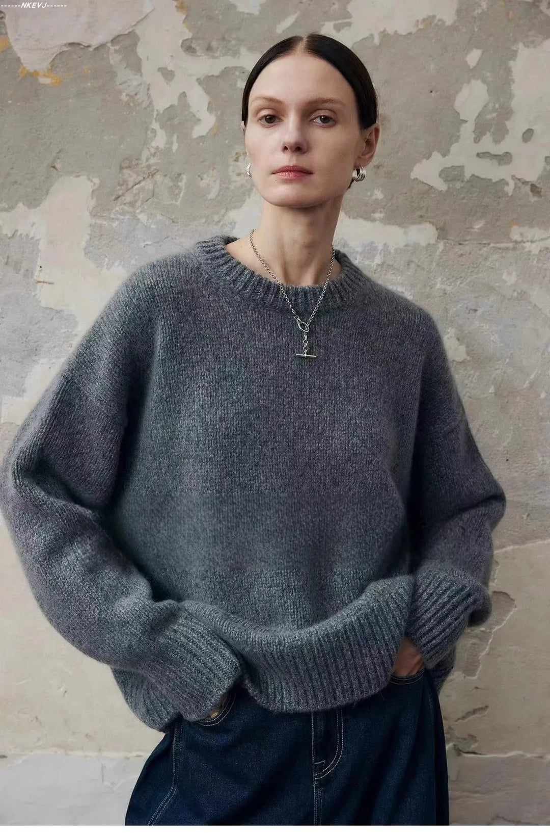 Cashmere knit sweater showing soft texture and comfortable relaxed fit