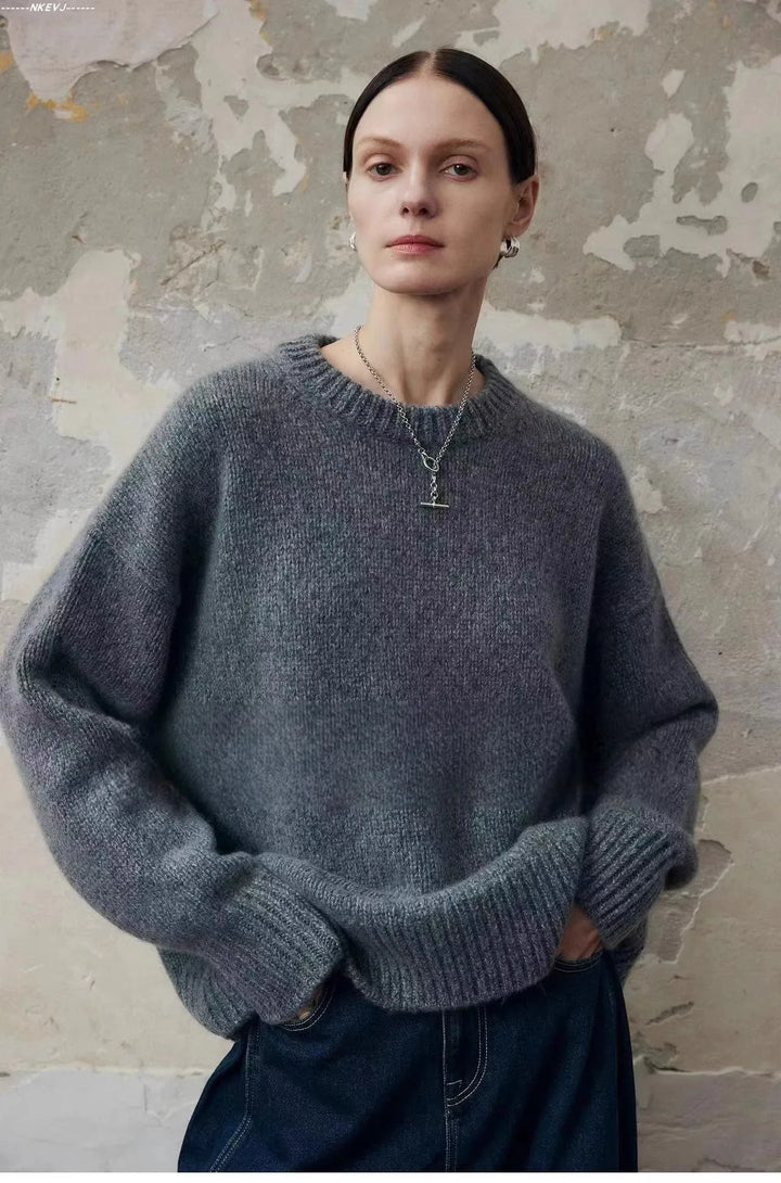 Cashmere knit sweater showing soft texture and comfortable relaxed fit
