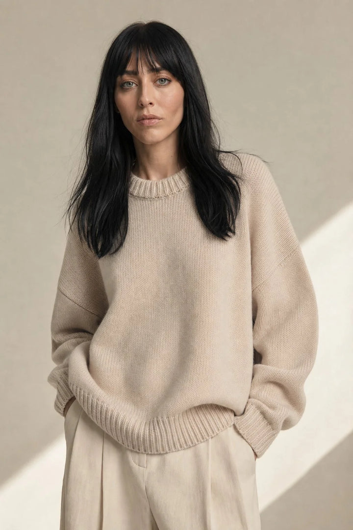 Women's grey cashmere sweater styled with black trousers for casual layering