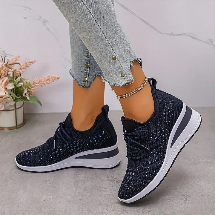 Women's lace-up trainers with geometric crystal embellishments across the upper