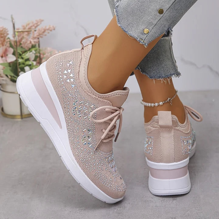 Top view of women's rhinestone trainers showing lace-up design and embellished detailing