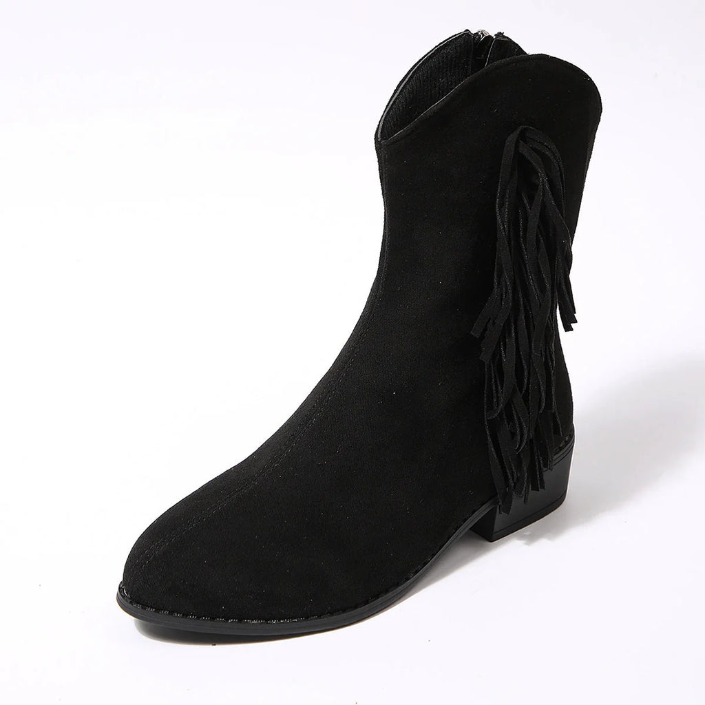 Front view of women's fringe ankle boots in suede-effect material with rubber sole