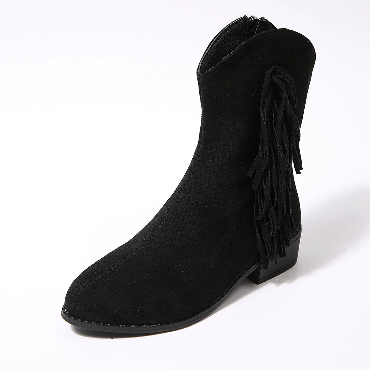 Front view of women's fringe ankle boots in suede-effect material with rubber sole