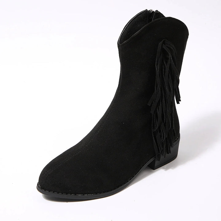Front view of women's fringe ankle boots in suede-effect material with rubber sole