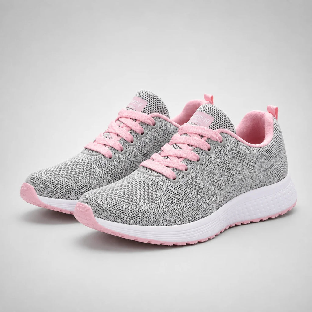 Women's mesh trainers in grey with pink laces and cushioned sole for everyday walking