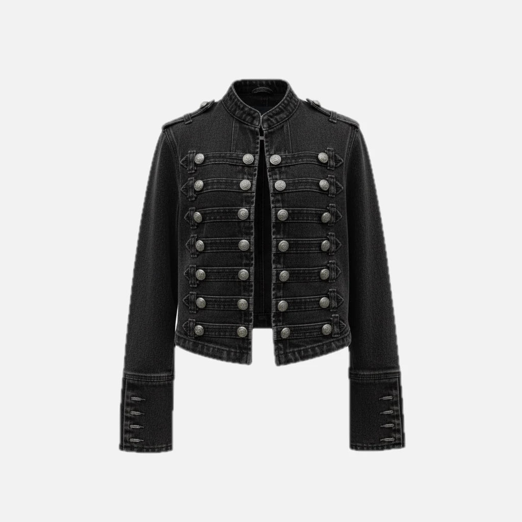 Women's military denim jacket with decorative button detailing and round neckline on grey background