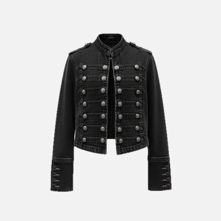 Women's military denim jacket with decorative button detailing and round neckline on grey background