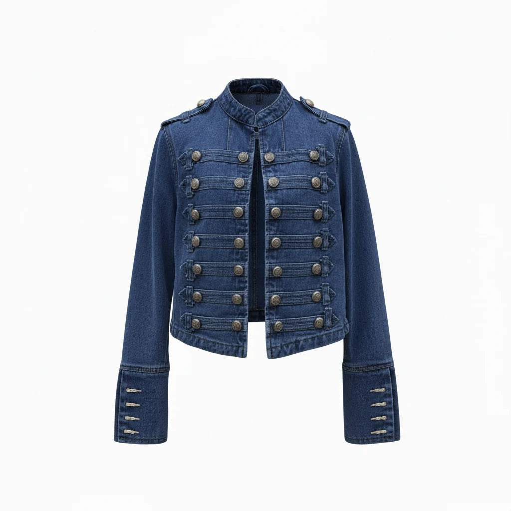 Close-up of shoulder epaulettes and button detailing on women's military jacket
