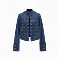 Close-up of shoulder epaulettes and button detailing on women's military jacket