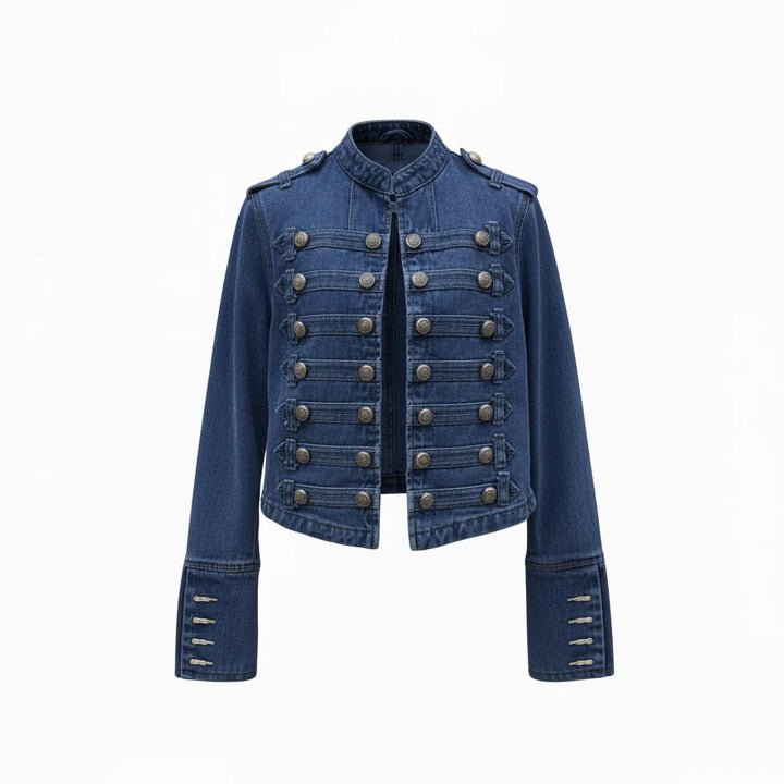 Close-up of shoulder epaulettes and button detailing on women's military jacket